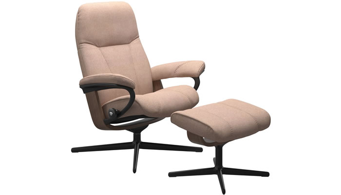 Stressless Consul Cross Recliner and Stool in Clover Light Burgundy Fabric with Matt Black Base